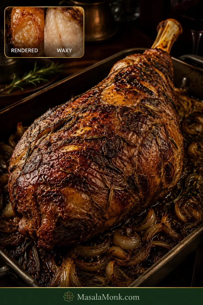 Finished roast leg of lamb with deeply browned crust, caramelized onions and a comparison of rendered golden fat with pale waxy fat.
