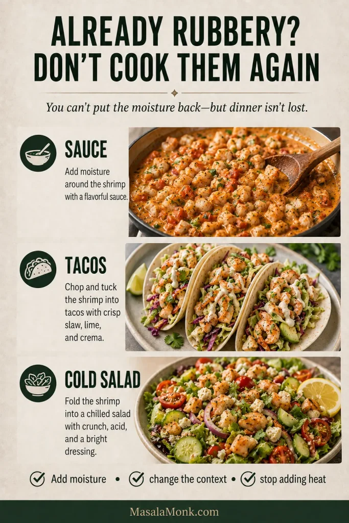 Three rescue uses for overcooked shrimp: chopped shrimp in sauce, shrimp tacos with fresh toppings and shrimp folded into a cold salad.