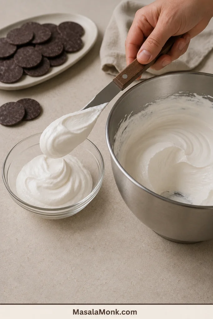 Large and small bowls holding roughly two-thirds and one-third portions of smooth whipped cream beside chocolate wafers.