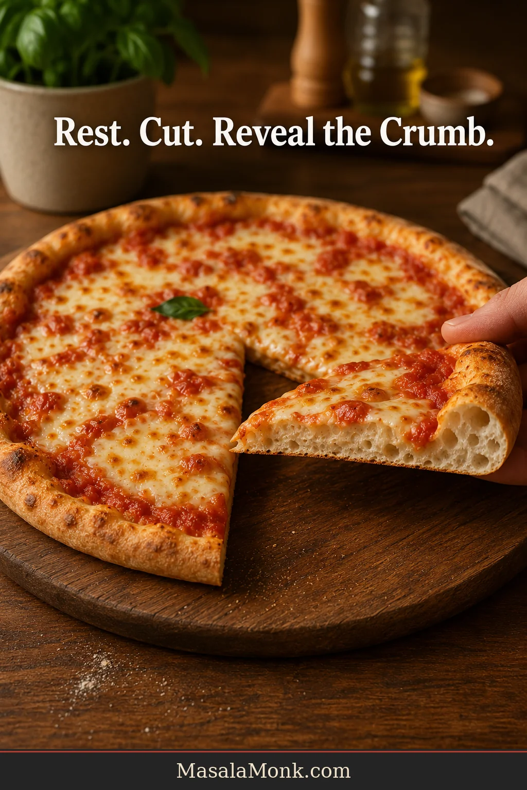 Rested homemade pizza with one slice cut and separated to show a fully baked crumb with moderate irregular air pockets.