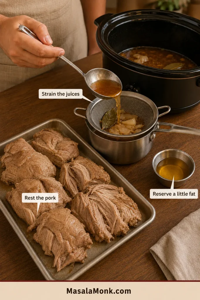 Cooked pork rests in broad sections on a tray while its cooking liquid is strained into a saucepan and a small portion of fat is reserved.
