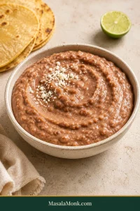 Creamy brown refried beans with a soft spoon swirl in a speckled ceramic bowl beside warm tortillas and lime.