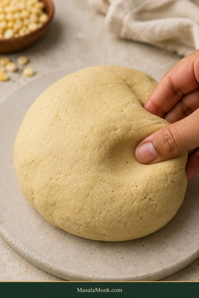 Rested corn tortilla masa in a bowl with a smooth, cohesive, matte surface and no large dry cracks.