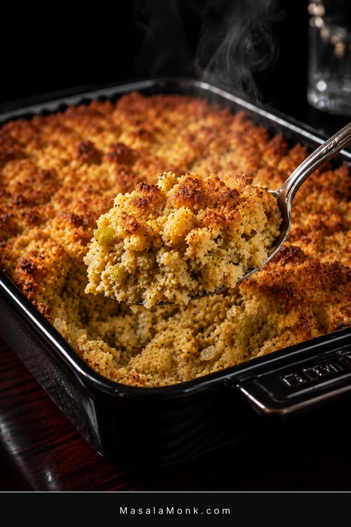 A silver serving spoon lifts rested Southern cornbread dressing from a dark casserole, revealing a soft moist interior beneath the browned top.