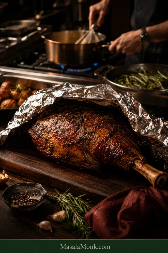 Whole roast leg resting loosely under foil while a cook finishes gravy and other parts of the meal in the background.