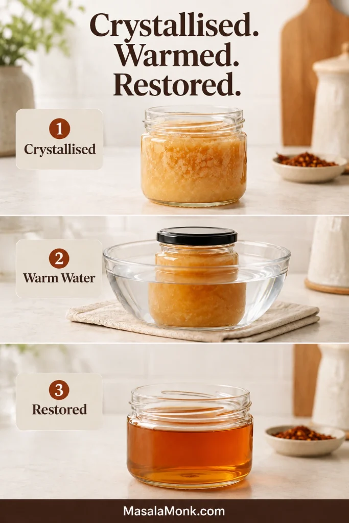 Three-stage guide showing grainy crystallised hot honey, the sealed jar sitting in warm water, and the same honey restored to a smooth amber liquid.