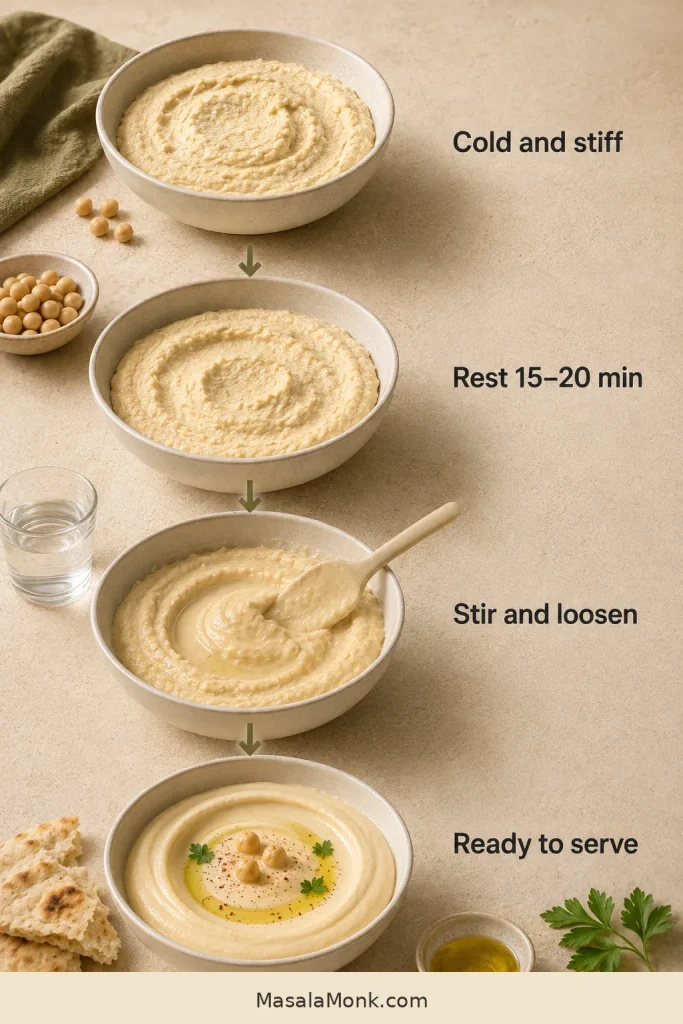 Four-stage labeled guide showing chilled hummus cold and stiff, resting, being stirred and smooth enough to serve.