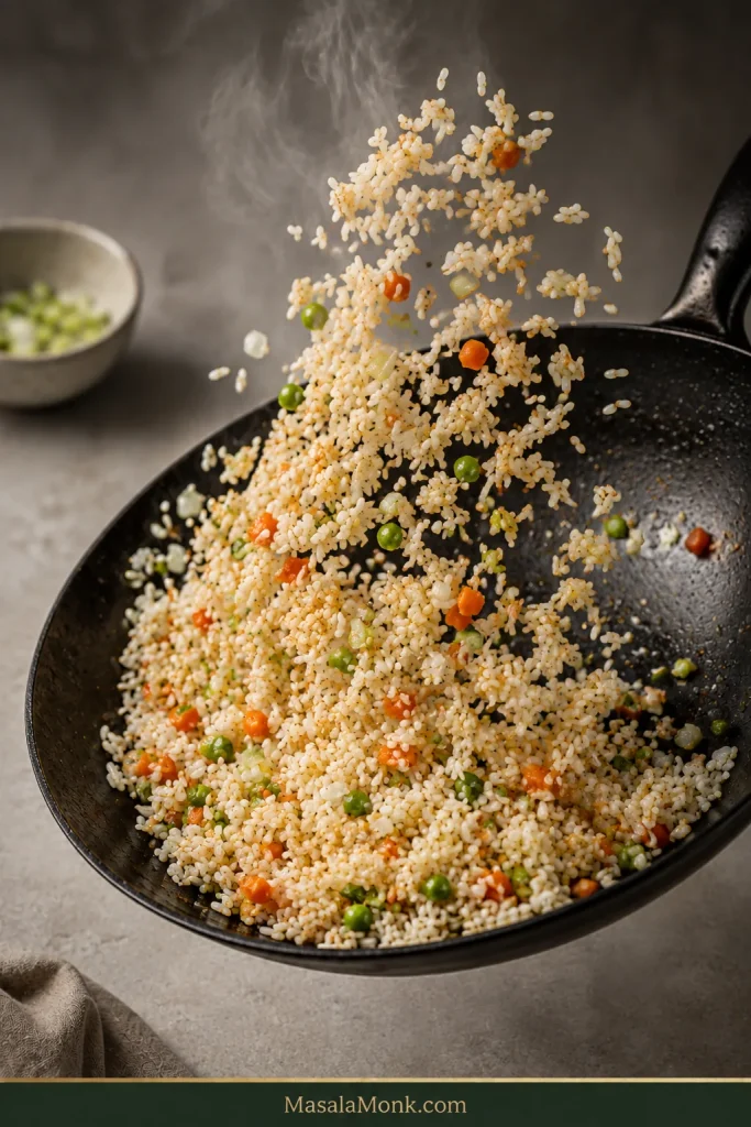 Loose rice grains with peas, carrots and aromatics moving through a hot skillet, with individual grains and a few lightly toasted contact areas visible.