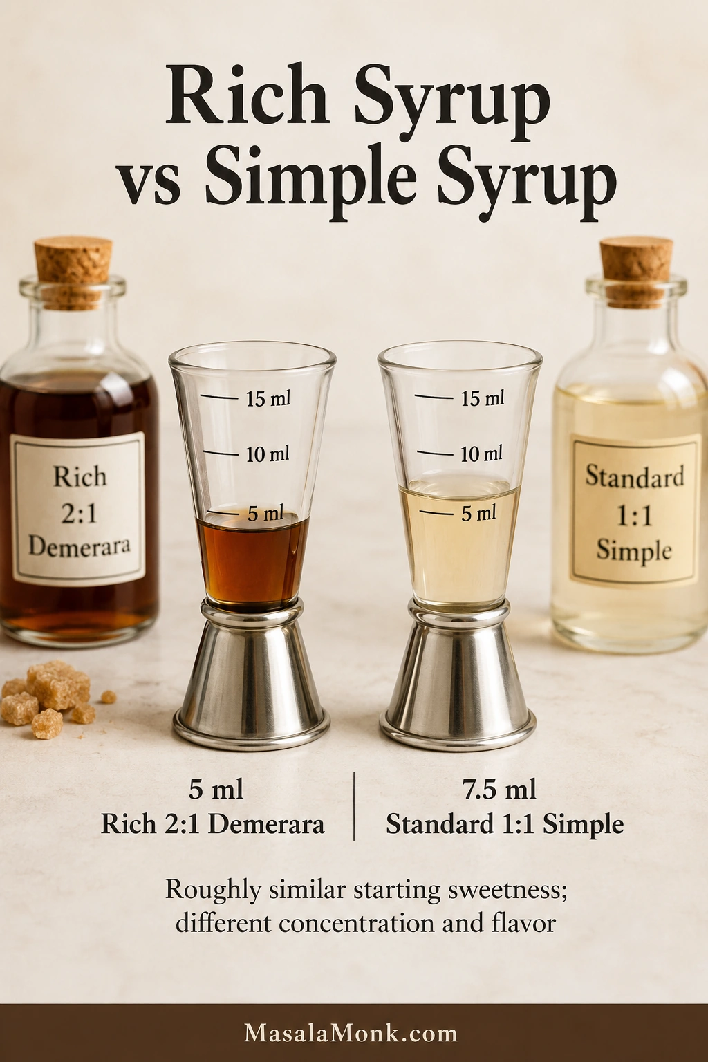 Two labeled measures showing 5 milliliters of dark rich demerara syrup and 7.5 milliliters of pale standard simple syrup.