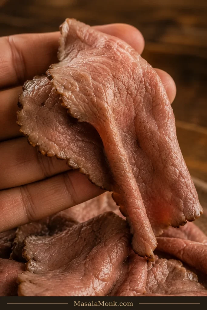 One thin cooked roast beef slice draped naturally over a person’s fingers without tearing.