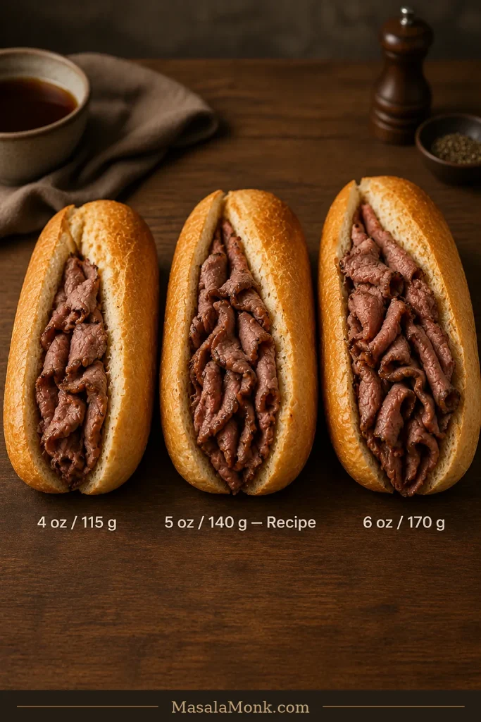 Three identical open rolls containing increasing amounts of thin roast beef labeled 4 ounces, 5 ounces and 6 ounces.