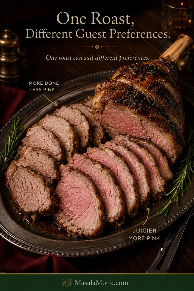 Platter of carved lamb with more-done slices on one side and pinker, juicier slices from the thicker part on the other.