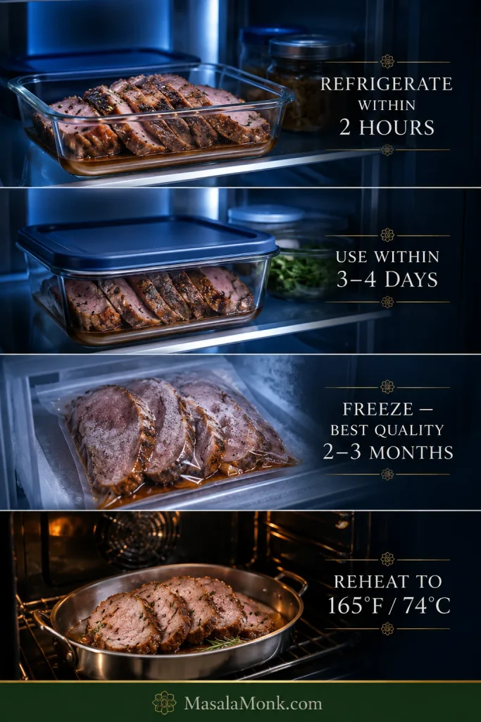 Storage guide showing cooked lamb refrigerated, frozen for best quality for 2–3 months and reheated to 165°F / 74°C.
