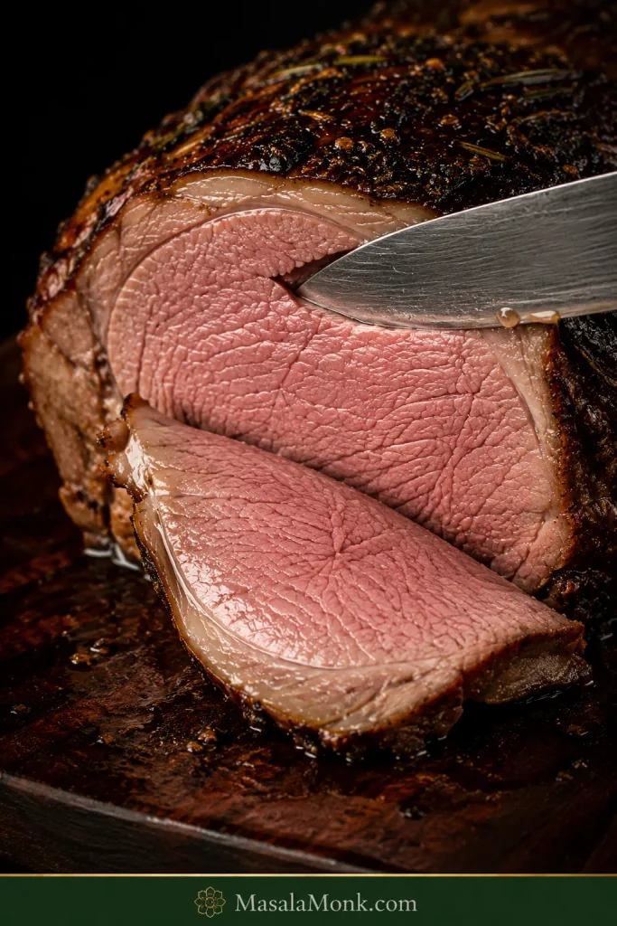 Close-up of a carving knife releasing a juicy pink slice from a rested roast leg of lamb with a dark herb crust.