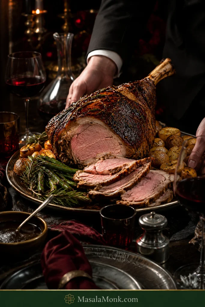 Roast leg of lamb being served at a dark dinner table with carved slices, roasted potatoes, green vegetables, glassware and diners' hands.