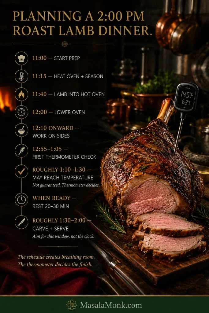 Timeline for a 2 PM roast-lamb dinner from 11 AM preparation through first checking, resting, carving and serving.