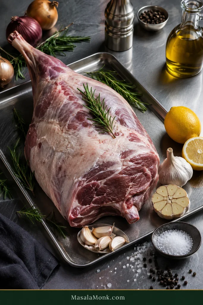 Raw bone-in leg of lamb with garlic, rosemary, lemon, onions, olive oil, salt and black pepper on a stainless-steel surface.