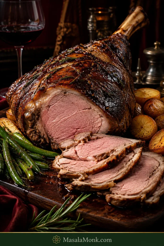 Partly carved bone-in roast leg of lamb with a browned rosemary crust, juicy pink slices, roast potatoes and gravy.