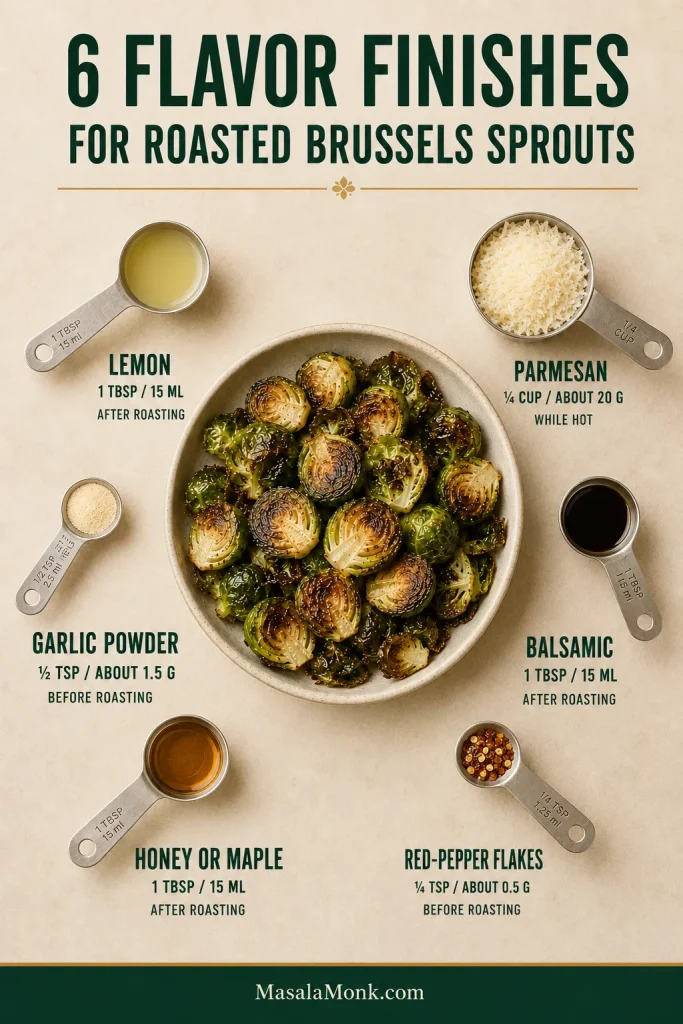 Roasted Brussels sprouts surrounded by measured lemon juice, Parmesan, garlic powder, balsamic vinegar, honey or maple syrup, and red-pepper flakes with amounts and timing.