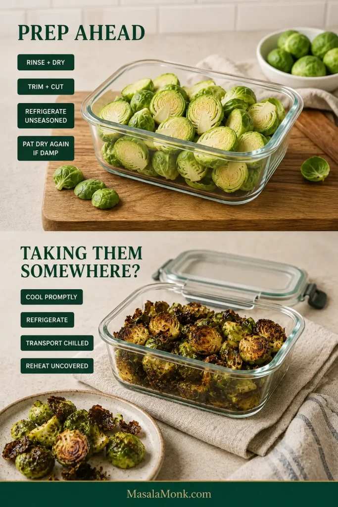 Guide showing dry cut raw Brussels sprouts stored unseasoned in glass and roasted Brussels sprouts prepared for chilled transport and uncovered reheating.
