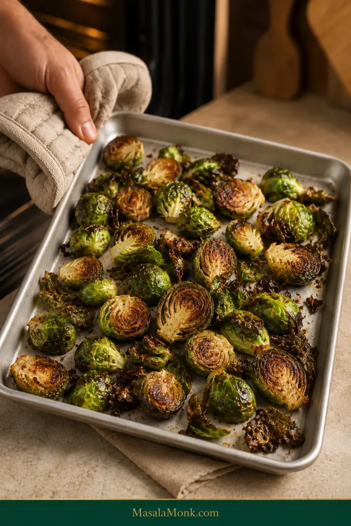 Sheet pan of freshly roasted Brussels sprouts with browned cut surfaces, green centers and several dark crisp loose leaves.