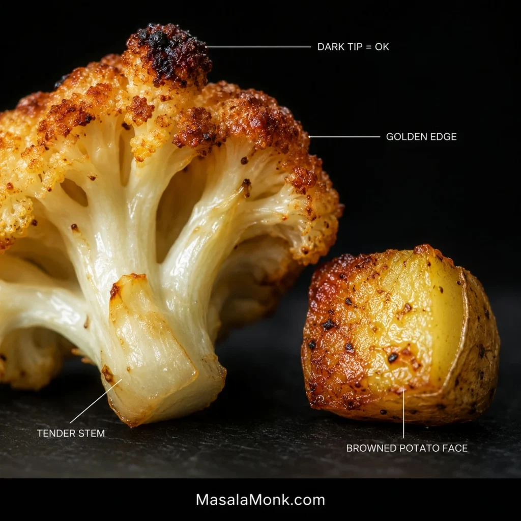 Close-up of roasted cauliflower with golden edges and a dark brown tip beside a potato chunk with a browned contact face.