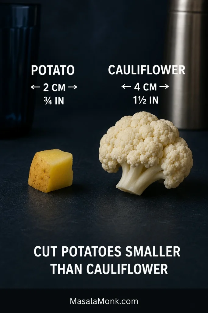 Raw 2 cm Yukon Gold potato chunk beside a larger 4 cm cauliflower floret, showing the different cut sizes used so both vegetables can finish together.