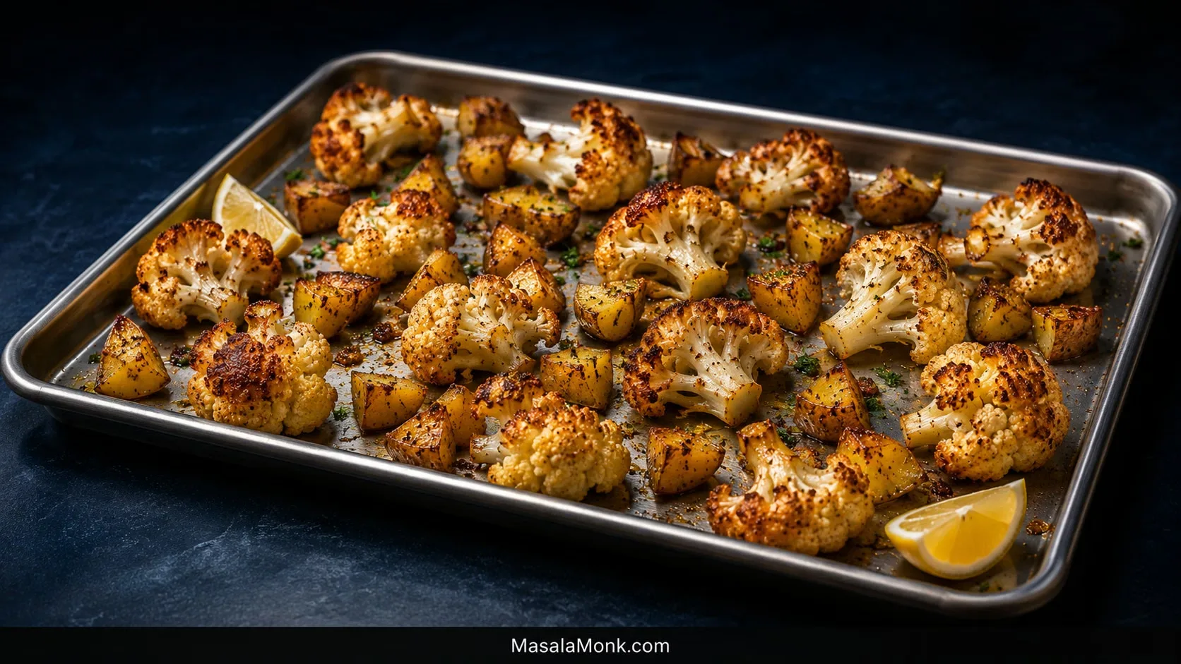 Roasted cauliflower florets and smaller Yukon Gold potato chunks spread across a stainless-steel sheet pan with deep golden browning and visible space between pieces.