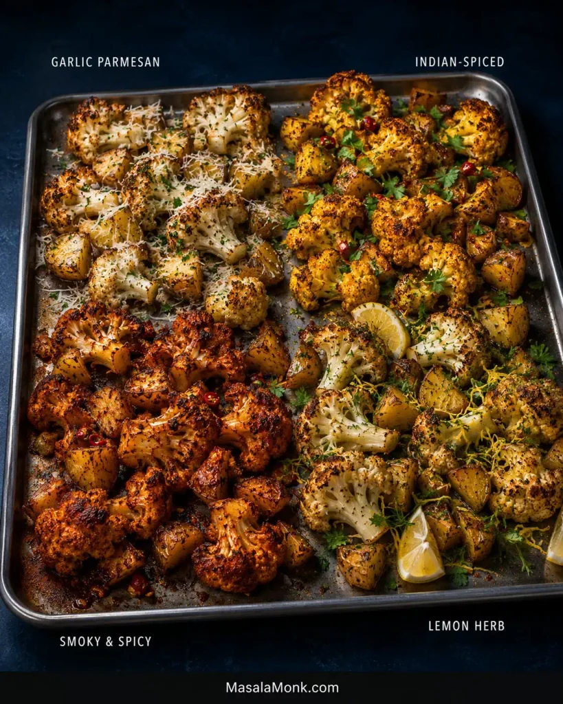 Four versions of roasted cauliflower and potatoes finished as Garlic Parmesan, Indian-Spiced, Smoky and Spicy, and Lemon Herb.