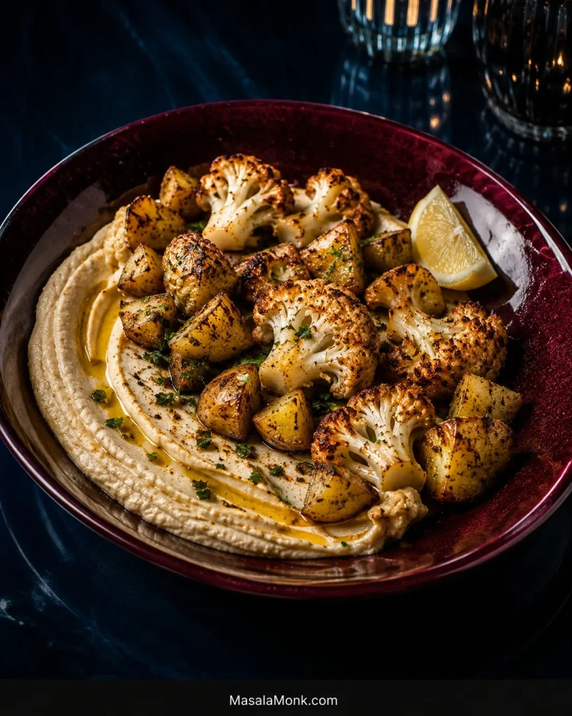 Golden roasted potatoes and cauliflower florets served over creamy hummus in a deep red bowl with lemon and a small amount of herbs.