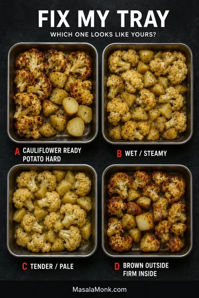 Four trays showing common roasting problems: cauliflower done before potatoes, wet vegetables, tender but pale vegetables, and potatoes browned outside but firm inside.