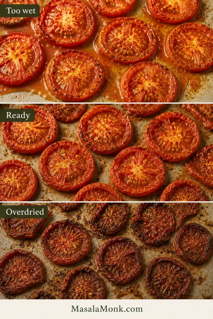 Three roasted tomato states labeled too wet, ready, and overdried, ranging from glossy and juicy to lightly wrinkled and then dark and shrunken.