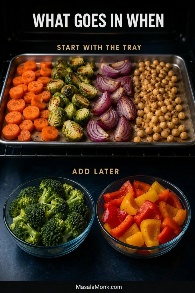 Carrots, Brussels sprouts, onion and chickpeas grouped to roast from the start, with broccoli and bell peppers grouped to add later.