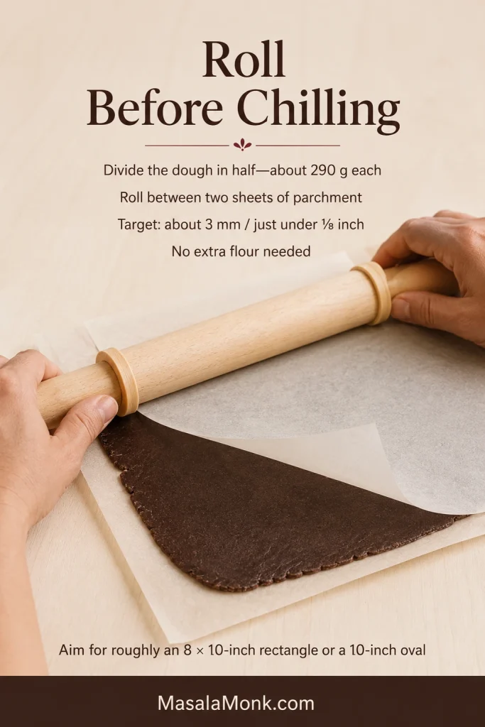 Hands rolling dark chocolate wafer dough between parchment sheets with a wooden rolling pin and spacer rings.