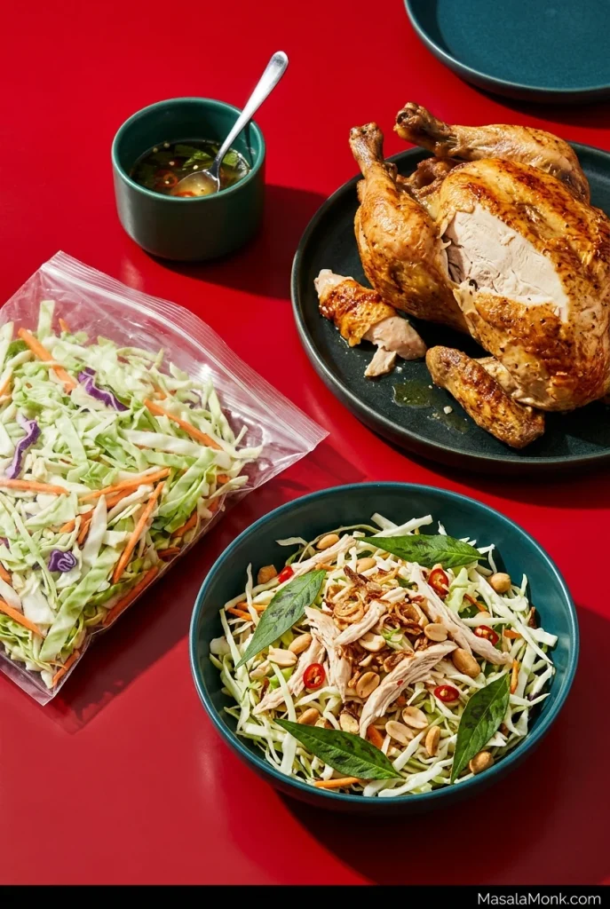 Rotisserie chicken, a clear bag of shredded slaw, a small jug of dressing and a finished bowl of Vietnamese chicken cabbage salad arranged on a dark red table.