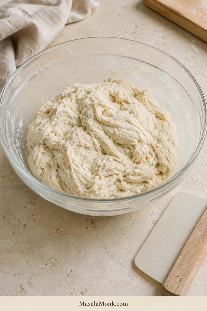 Rough, shaggy pita dough in a clear bowl with all visible flour hydrated.