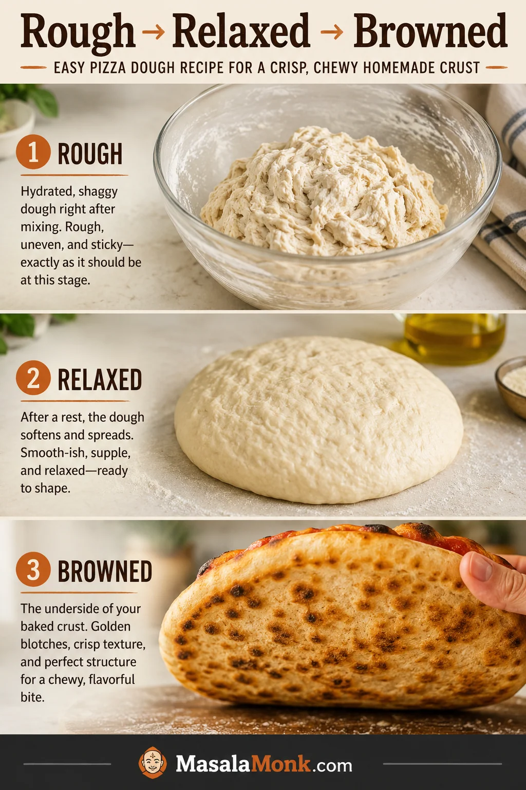 Three-stage pizza dough guide showing rough mixed dough, a soft relaxed dough ball and a baked pizza with a browned underside.