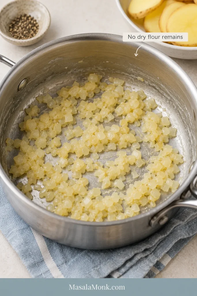 Soft diced onion coated with a pale butter-and-flour mixture in a stainless steel pan before milk is added.