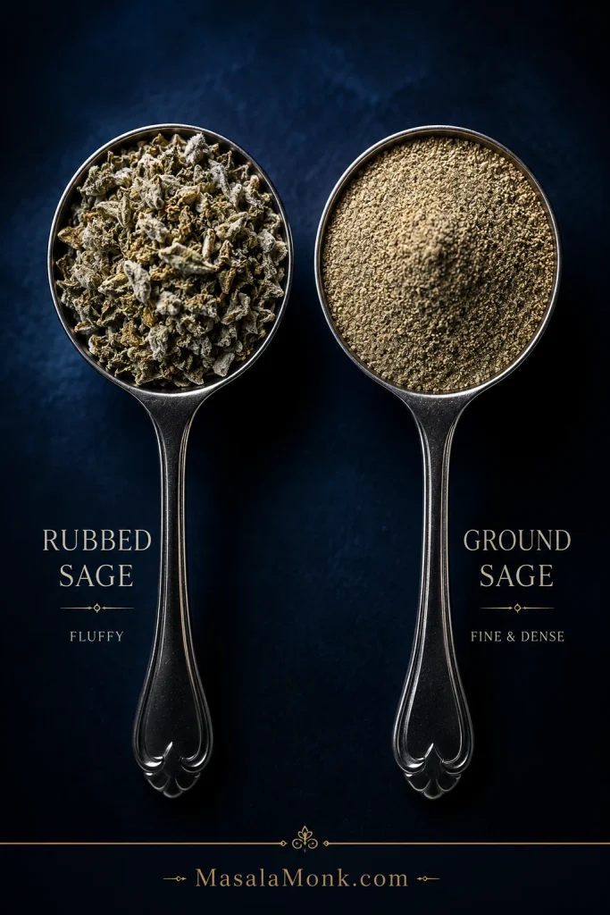 Two measuring spoons compare fluffy leafy rubbed sage with fine, dense ground sage on a dark blue background.