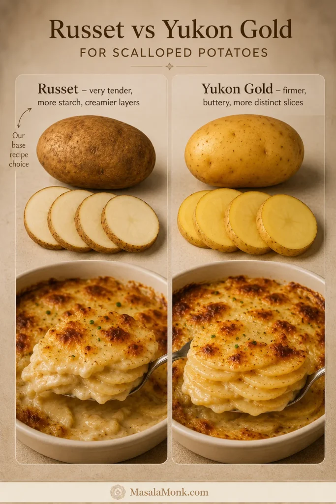 Russet and Yukon Gold potatoes compared with cooked samples showing softer Russet layers and firmer Yukon Gold layers.