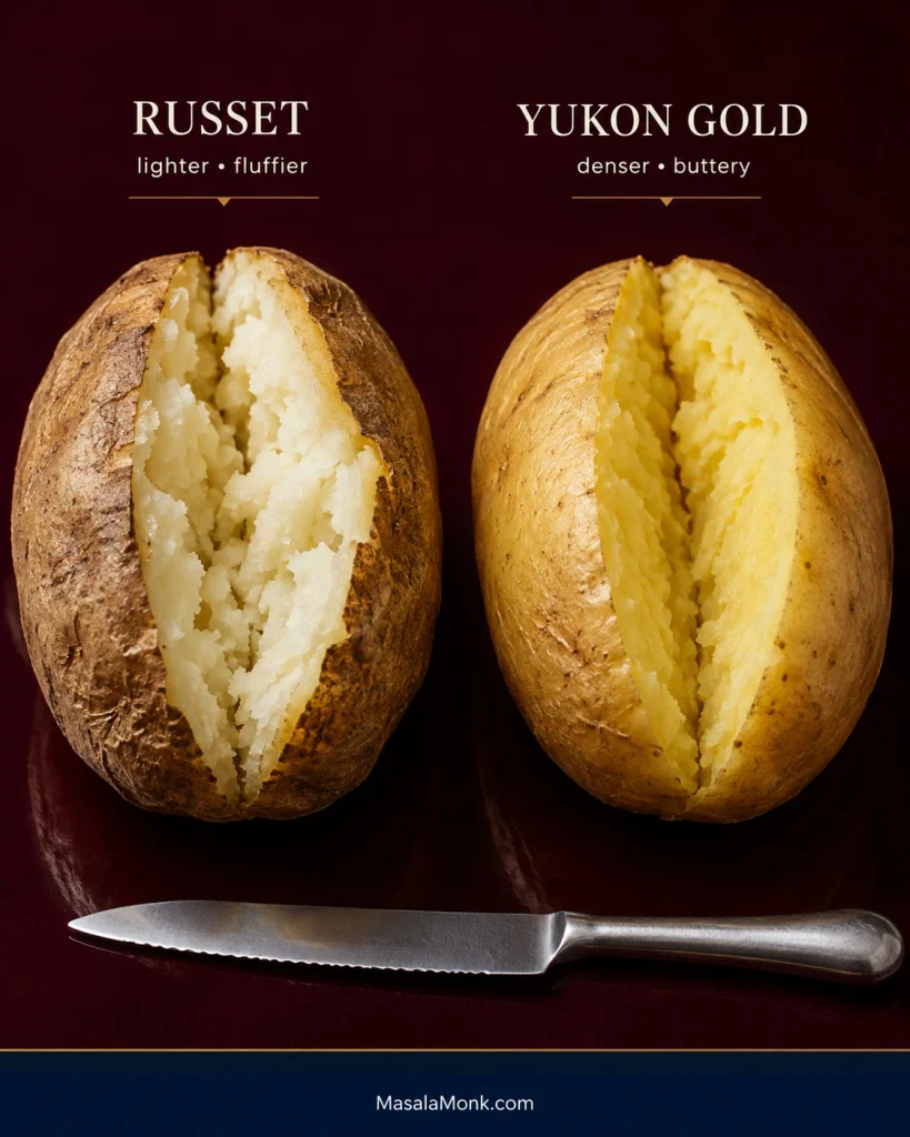 Cut russet and Yukon Gold potatoes shown side by side, with the russet appearing pale and fluffy and the Yukon Gold denser and yellow.