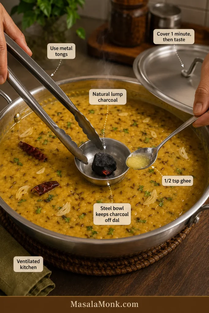Metal tongs holding hot charcoal in a steel bowl inside dal while a small spoon pours ghee over it.