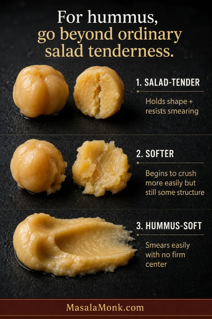 Macro progression from a cooked chickpea that holds its shape to a very soft chickpea that smears smoothly when pressed.