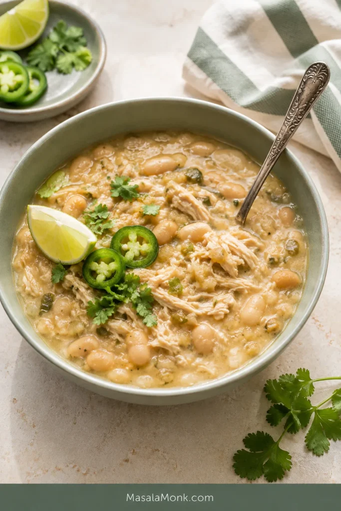 Creamy salsa-verde white chicken chili with shredded chicken and white beans in a sage bowl with lime, cilantro and jalapeño.