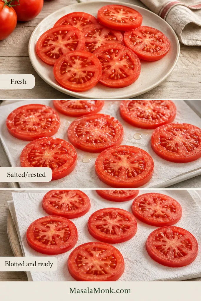 Three tomato-preparation stages showing fresh glossy slices, salted slices with beads of moisture, and blotted slices with visibly drier surfaces.