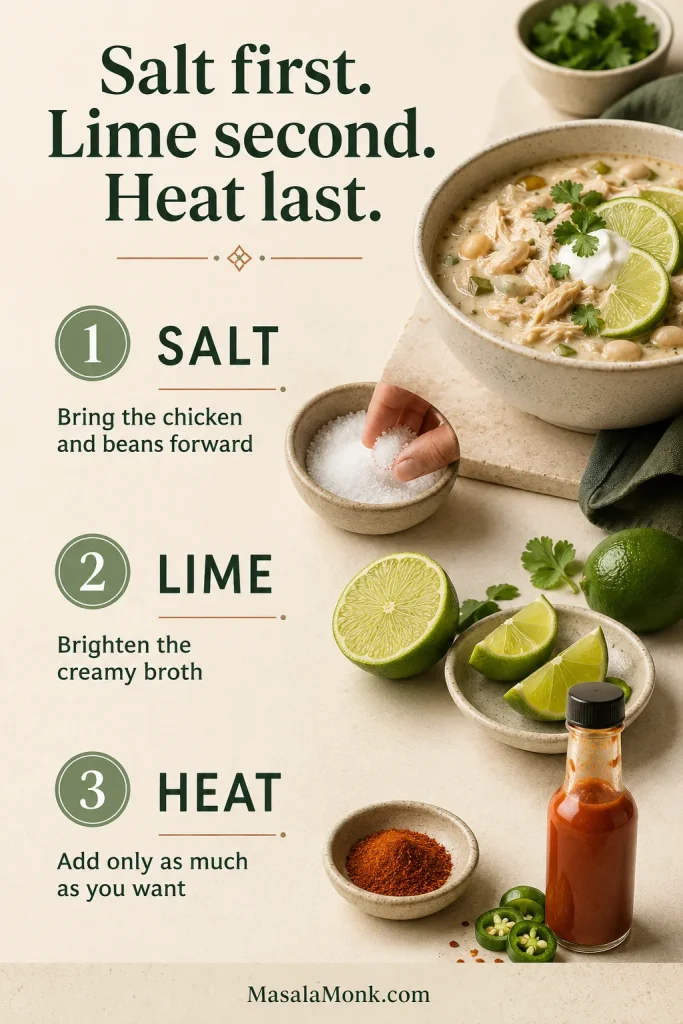 Three-step guide showing final seasoning with salt first, lime second and additional chile heat last.