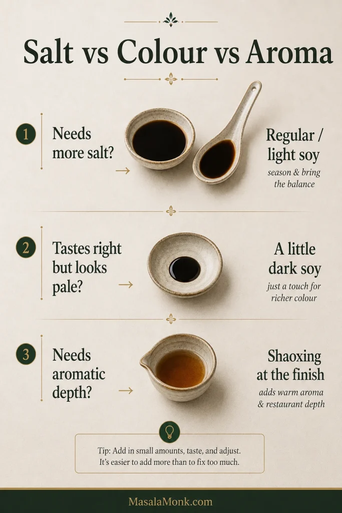 Fried-rice seasoning guide separating the roles of regular soy sauce for salt, dark soy sauce for colour and Shaoxing wine for finishing aroma.