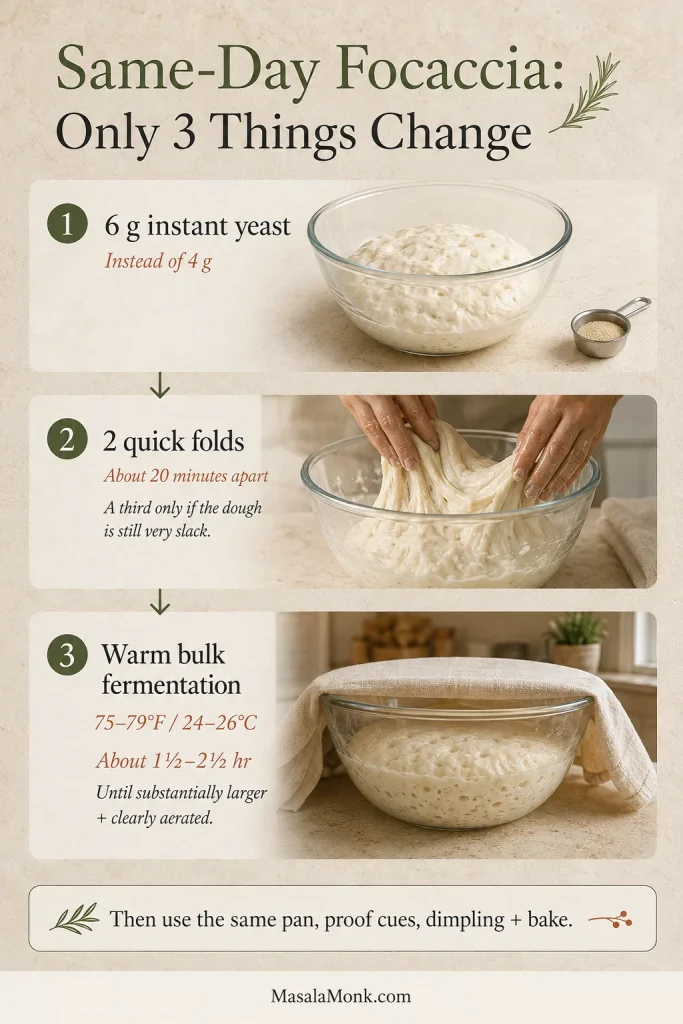 Same-day focaccia guide showing 6 grams of yeast, two bowl folds and warm bulk fermentation in a covered glass bowl.