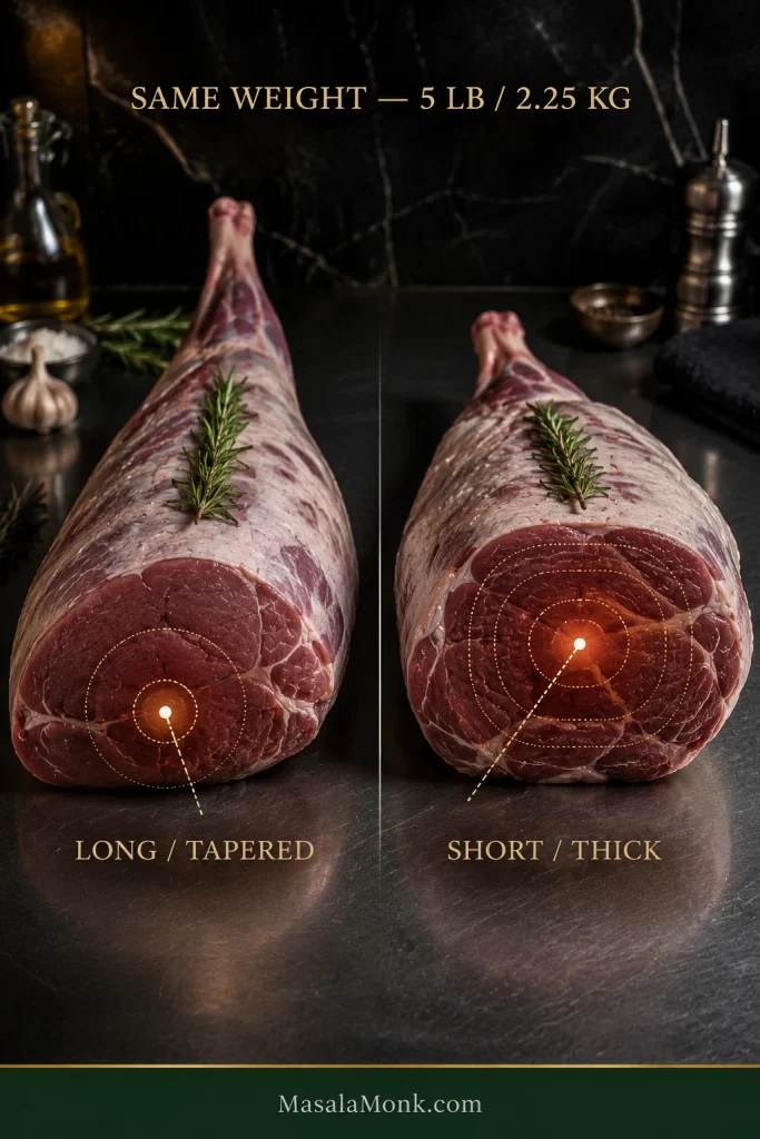 Two equal-weight lamb legs, one long and tapered and one short and thick, with markers showing different depths to the centre.