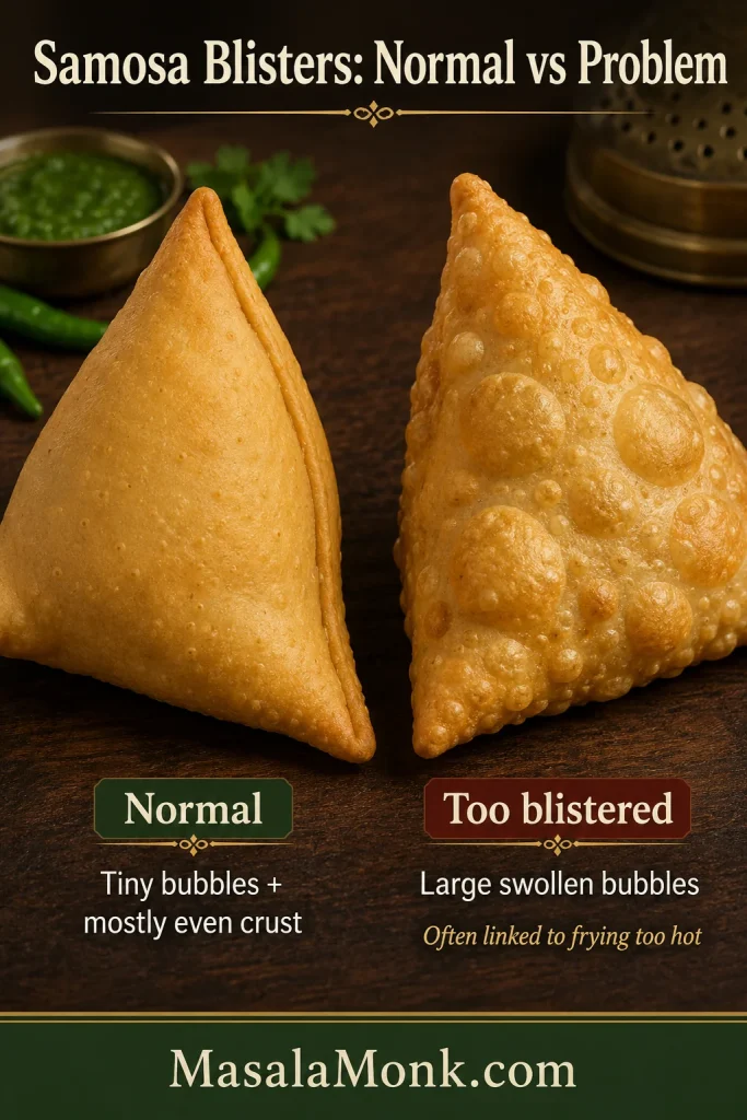 Two golden samosas comparing a mostly even crust with tiny bubbles against a crust covered in large swollen blisters.